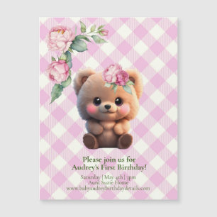 Cute teddy bear pink gingham floral Baby Shower 