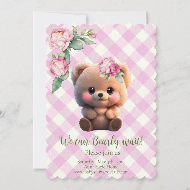 Cute teddy bear pink gingham floral Baby Shower  (Front)