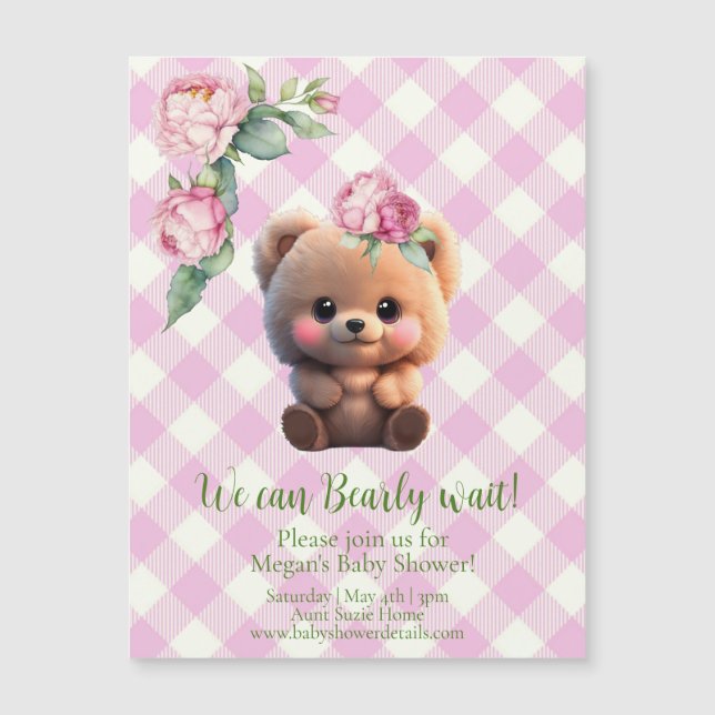 Cute teddy bear pink gingham floral Baby Shower  (Front)
