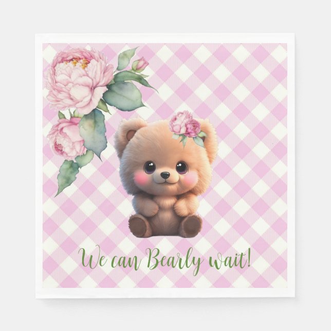 Cute teddy bear pink gingham floral Baby Shower  Napkins (Front)