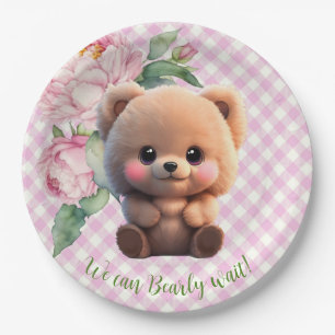 Cute teddy bear pink gingham floral Baby Shower Paper Plates