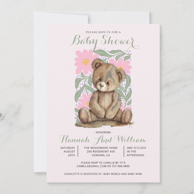 Cute Teddy Bear Pink Girl Baby Shower Invitation (Front)