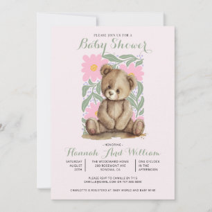 Cute Teddy Bear Pink Girl Baby Shower Invitation