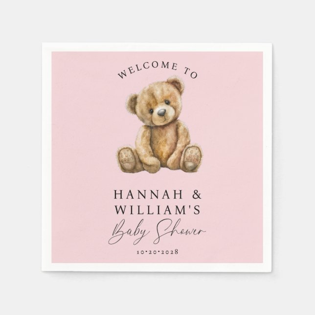 Cute Teddy Bear Pink Girl Baby Shower  Napkins (Front)