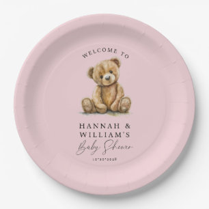 Cute Teddy Bear Pink Girl Baby Shower Paper Plates