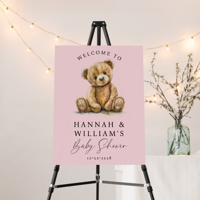 Cute Teddy Bear Pink Girl Baby Shower Welcome Sign (In Situ (Stand))