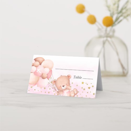Cute Teddy Bear Pink Girl Baptism Place Card
