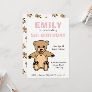 Cute Teddy Bear Pink Girl Birthday Invitation