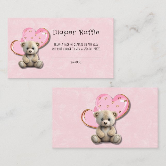Cute Teddy Bear Pink Gold Balloon Diaper Raffle Business Card (Front/Back)