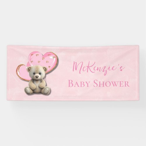 Cute Teddy Bear Pink Gold Girl Baby Shower Banner