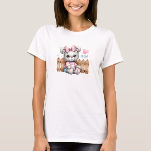 Cute teddy bear pink heart and bow Love Mom T_Shirt