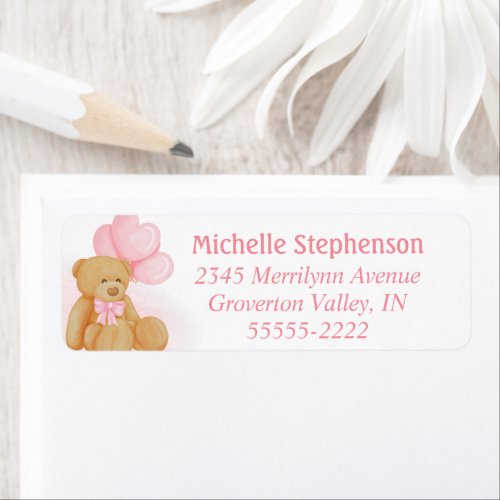 Cute Teddy Bear Pink Heart Balloons Return Address Label