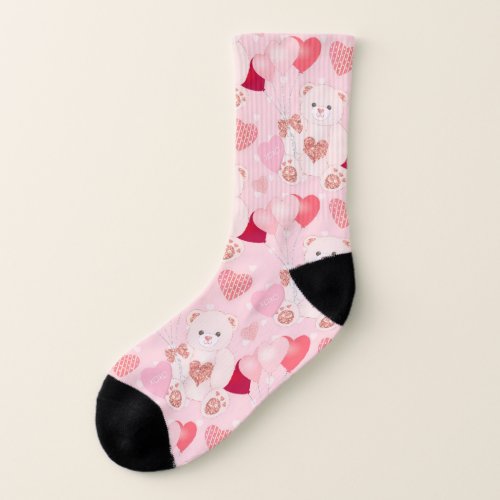 Cute Teddy Bear Pink Heart Valentines Day Socks