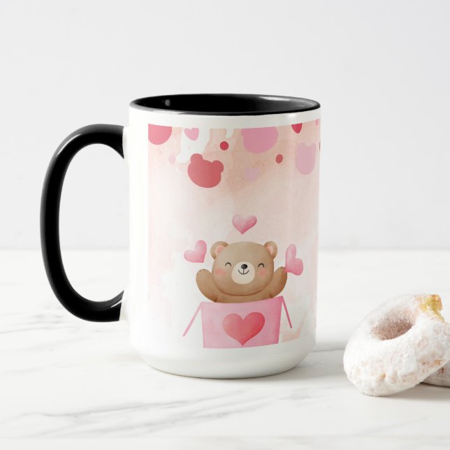 ​Cute Teddy Bear & Pink Hearts Coffee Mug (With Donut)