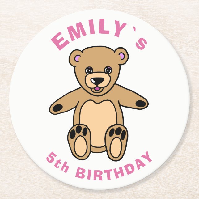 Cute Teddy Bear Pink Kids Birthday Party  Round Paper Coaster (Front)