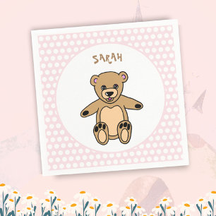 Cute Teddy Bear Pink Kids Name Birthday Party Napkins