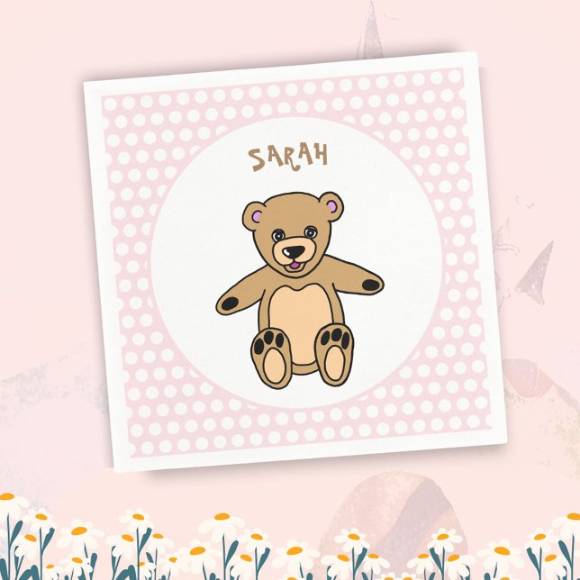 Cute Teddy Bear Pink Kids Name Birthday Party Napkins (Creator Uploaded)