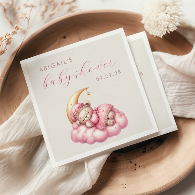 Cute Teddy Bear Pink Moon Girl Baby Shower Napkins (Creator Uploaded)
