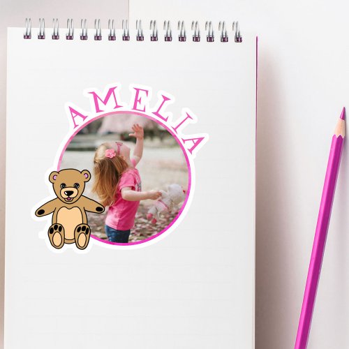 Cute Teddy Bear Pink Name and Photo Girl Sticker
