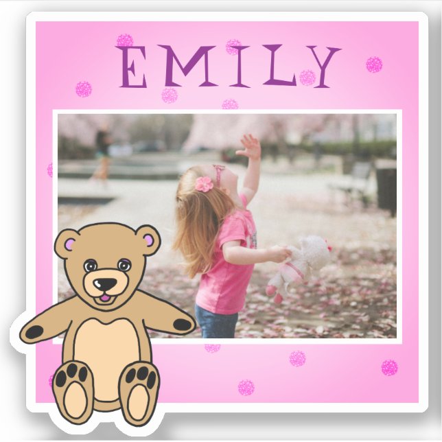 Cute Teddy Bear Pink Name Photo Girly Sticker (Front)
