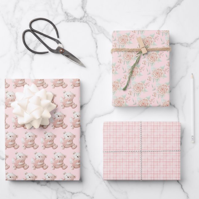 Cute Teddy Bear Pink Plaid Coordinated Wrapping Paper Sheets (Front)