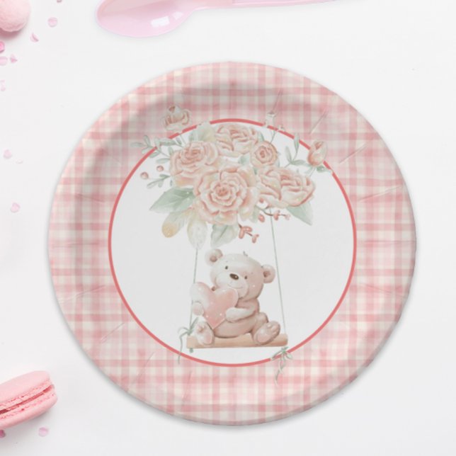 Cute Teddy Bear Pink Plaid Paper Plate (An adorable teddy bear and pink floral design that is perfect for a little girl's birthday party.)