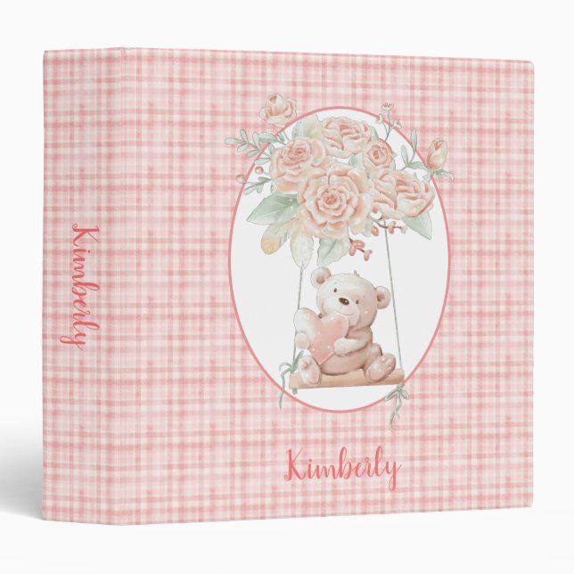 Cute Teddy Bear Pink Plaid Personalized 3 Ring Binder (Front/Spine)