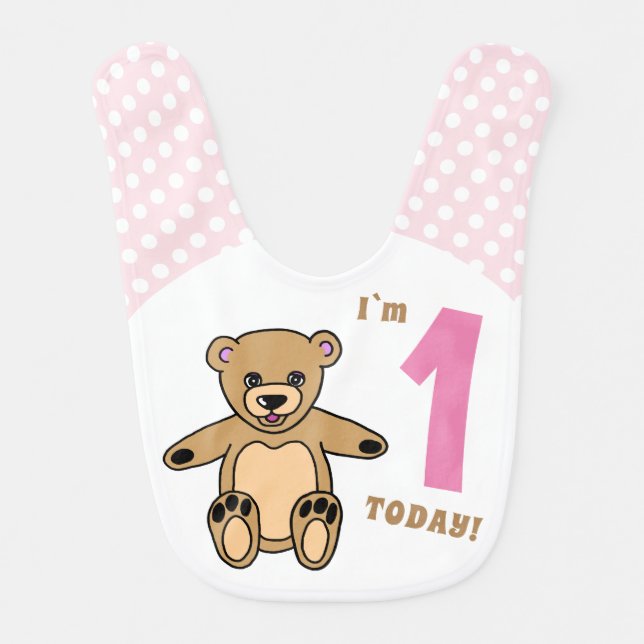 Cute Teddy Bear Pink Polka Dot 1st Birthday Baby Bib (Front)