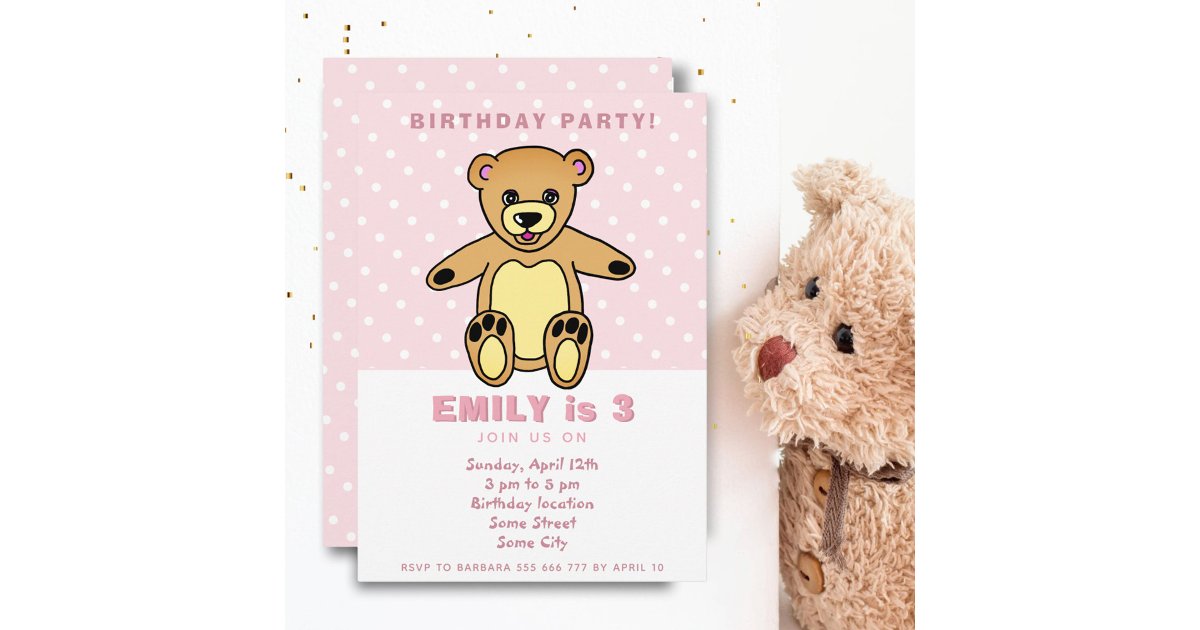 Cute Teddy Bear Pink Polka Dot Girl Birthday Invitation | Zazzle