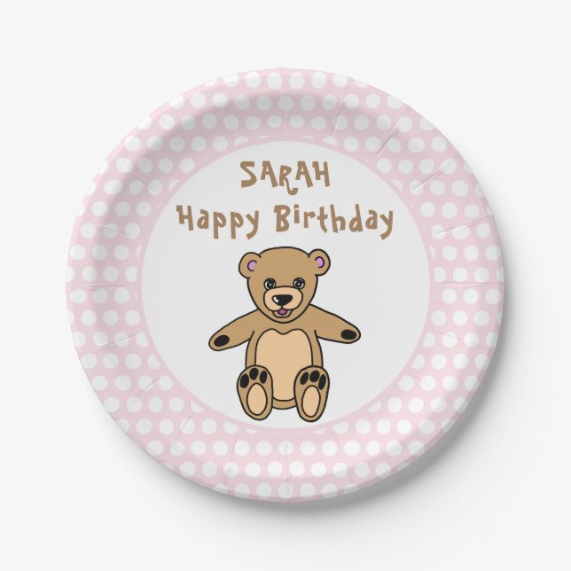 Cute Teddy Bear Pink Polka Dot Kid`s Birthday Paper Plates (Front)