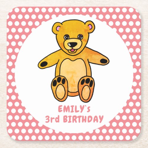 Cute Teddy Bear Pink Polka Dot Kids Birthday Square Paper Coaster