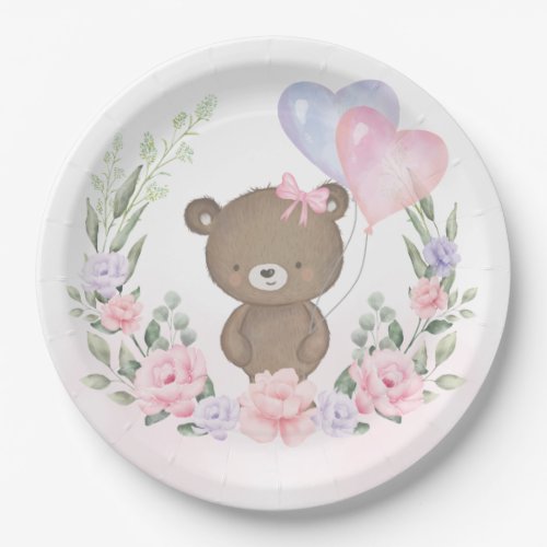 Cute Teddy Bear Pink Purple Floral Balloons Party Paper Plates