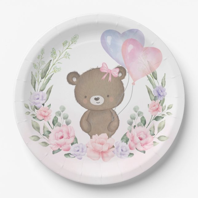 Cute Teddy Bear Pink Purple Floral Balloons Party Paper Plates (Front)