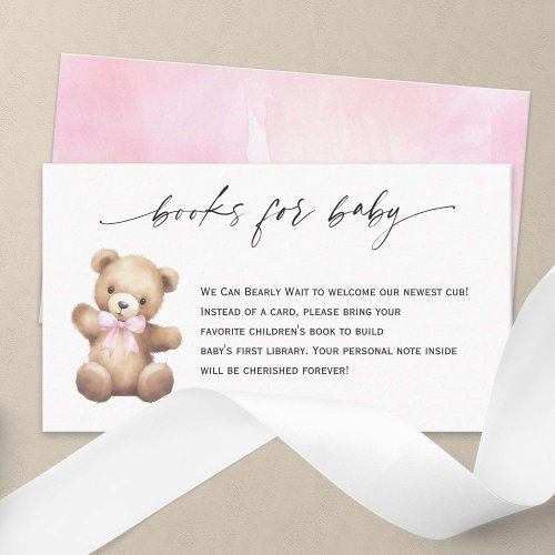 Cute Teddy Bear Pink Ribbon Books For baby Girl Enclosure Card