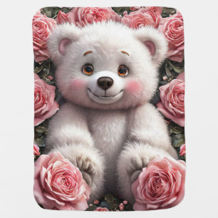 Cute Teddy Bear 🧸 Pink Roses Sweet Girl Design Baby Blanket