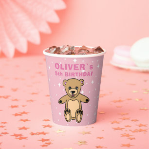 Cute Teddy Bear Pink Star Birthday Party Paper Cups