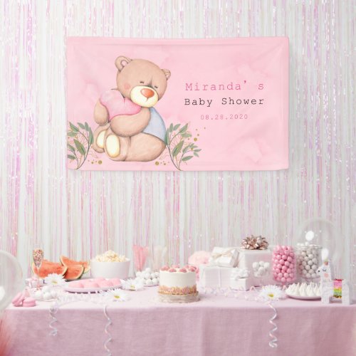 Cute Teddy Bear Pink Watercolor Gold Baby Shower Banner