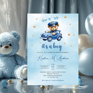 Cute teddy bear policeman boy baby shower invitation