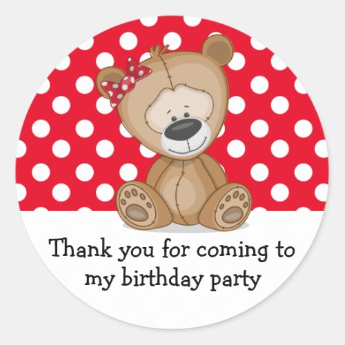 Cute Teddy Bear Polka Dots Birthday Thank You Classic Round Sticker