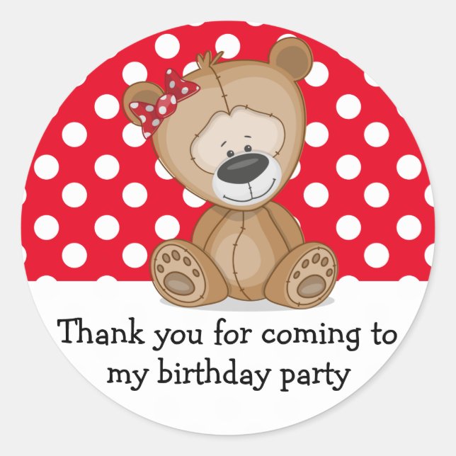 Cute Teddy Bear Polka Dots Birthday Thank You Classic Round Sticker (Front)