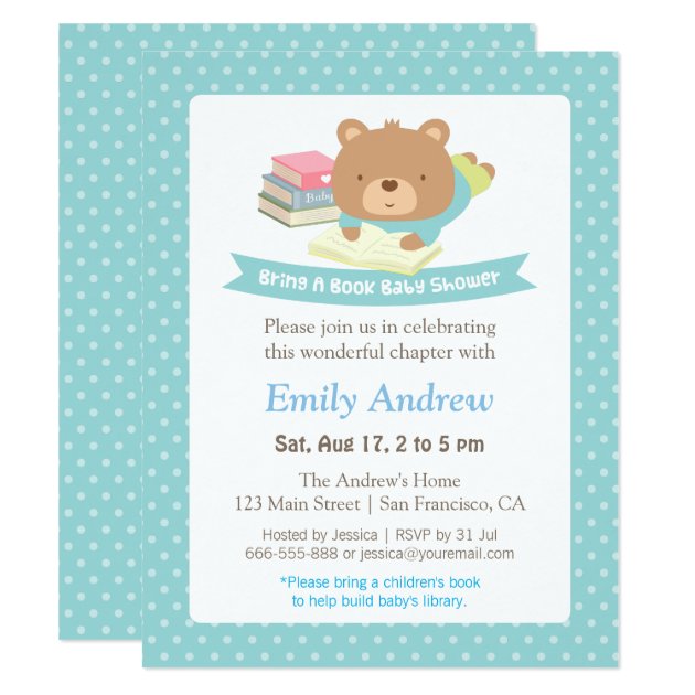 Cute Teddy Bear Polka Dots Book Themed Baby Shower Invitation