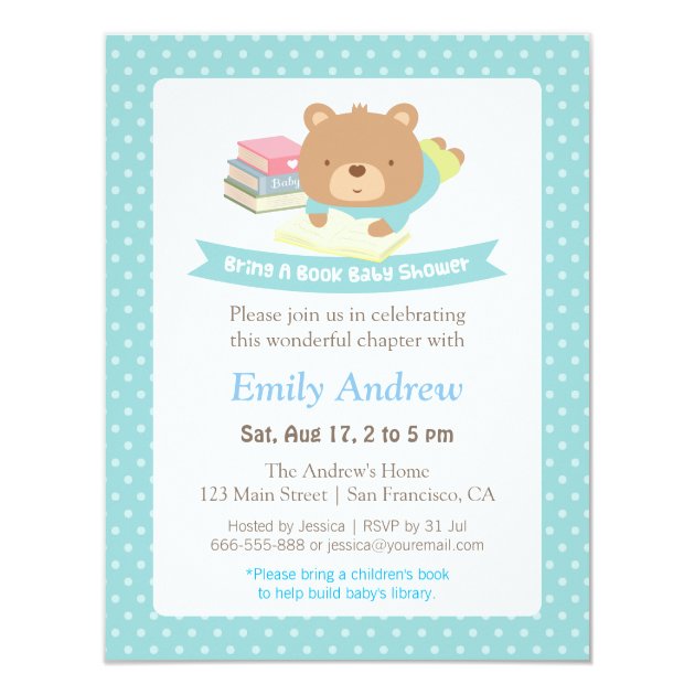Cute Teddy Bear Polka Dots Book Themed Baby Shower Invitation