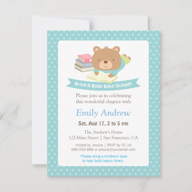 Cute Teddy Bear Polka Dots Book Themed Baby Shower Invitation (Front)