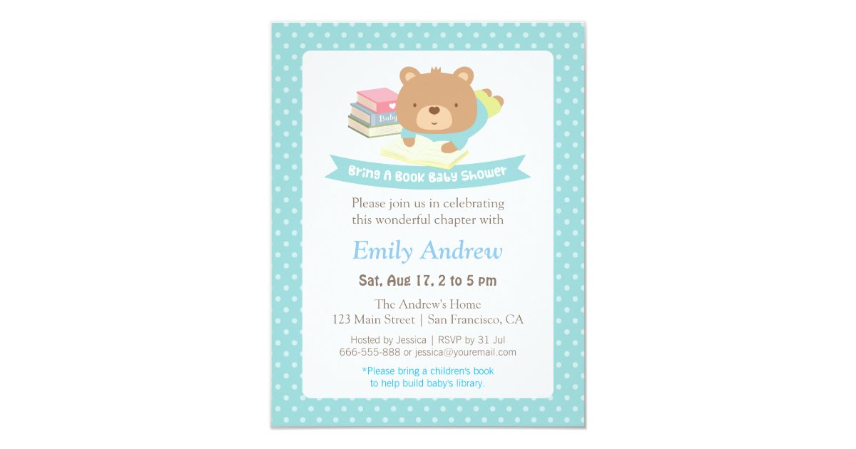 Cute Teddy Bear Polka Dots Book Themed Baby Shower Invitation
