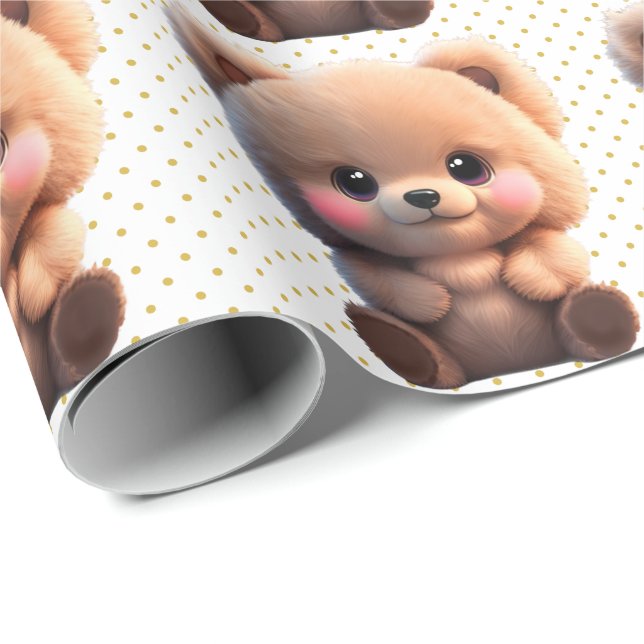 Cute teddy bear Polka gold dots  Wrapping Paper (Roll Corner)