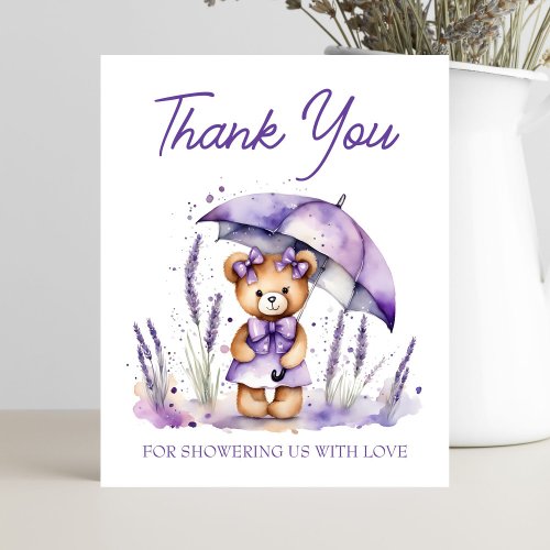 Cute teddy bear purple baby shower thank you card