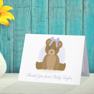Cute Teddy Bear Purple New Baby Girl Letterpress Thank You Card