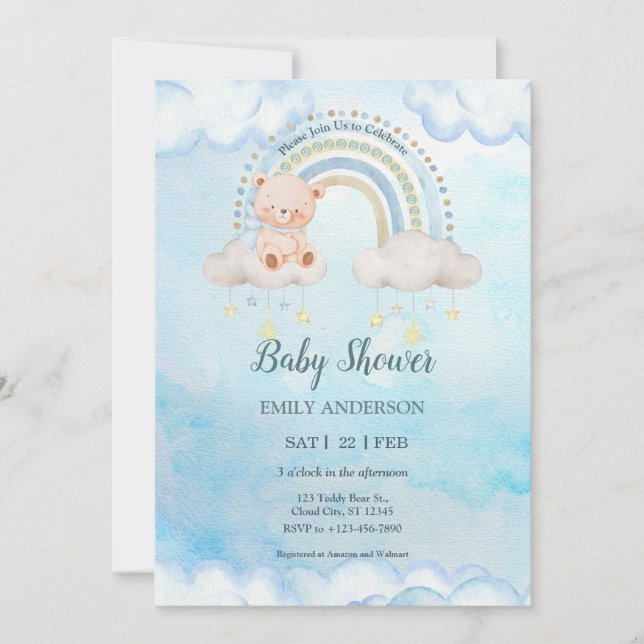 Cute Teddy Bear Raimbow Clouds Invitation (Front)