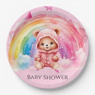 Cute Teddy Bear Rainbow Girl Baby Shower Paper Plates