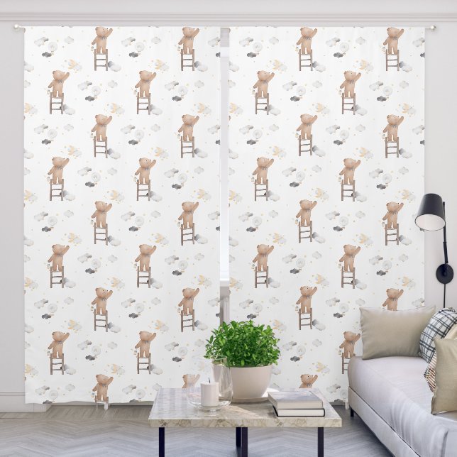 Cute Teddy Bear Reaching Stars Moon White Nursery  Blackout Curtains (Living Room)